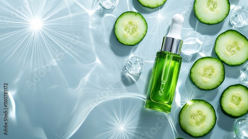 Cucumber serum bottle with sliced cucumber on water surface. Fresh green vegetable for cosmetic product.