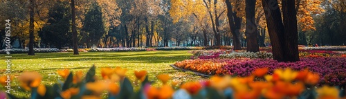 Vibrant flower garden in autumn, with colorful blooms and lush green trees.