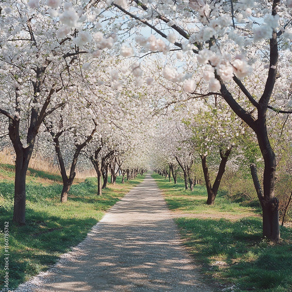 Cherry blossom trees lining a peaceful pathway in springtime. Cherry blossom trees lining a peaceful pathway in springtime.
