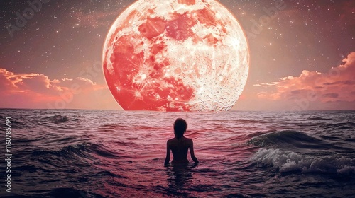 Silhouette of a woman in water gazing at a giant red moon in a surreal sky.