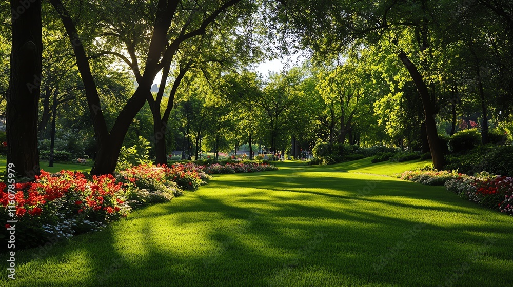 Lush green park with vibrant flowers and shady trees under bright sunlight. Lush green park with vibrant flowers and shady trees under bright sunlight.