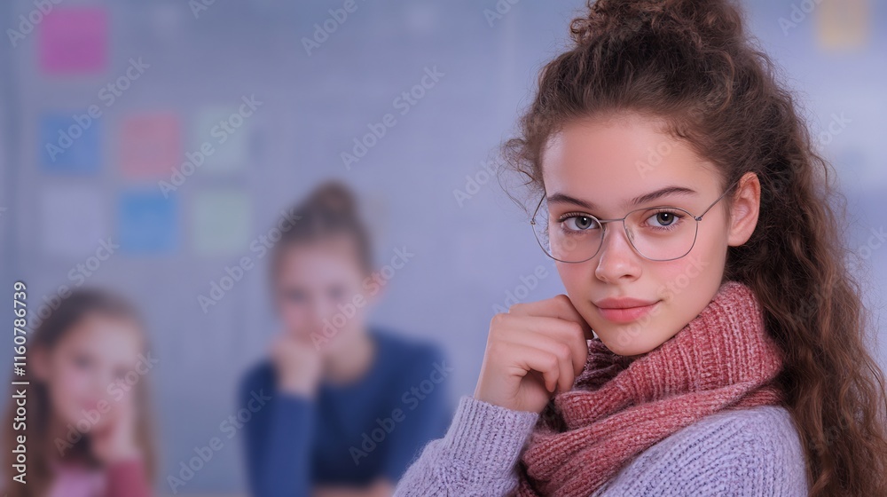Close-up Photo: Confident Teenager Poses Elegantly in Soft Lighting, Wearing Glasses and Scarf. AI Generated Close-up Photo: Confident Teenager Poses Elegantly in Soft Lighting, Wearing Glasses and Scarf. AI Generated