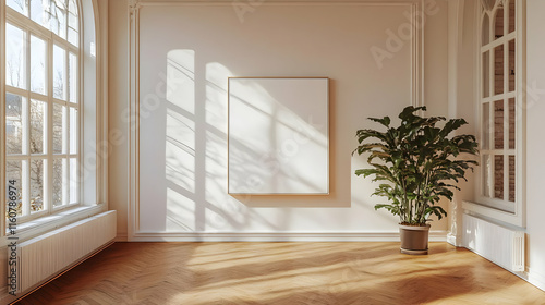 Empty Frame on White Wall in Room with Hardwood Floor and Plant - 3D Illustration photo