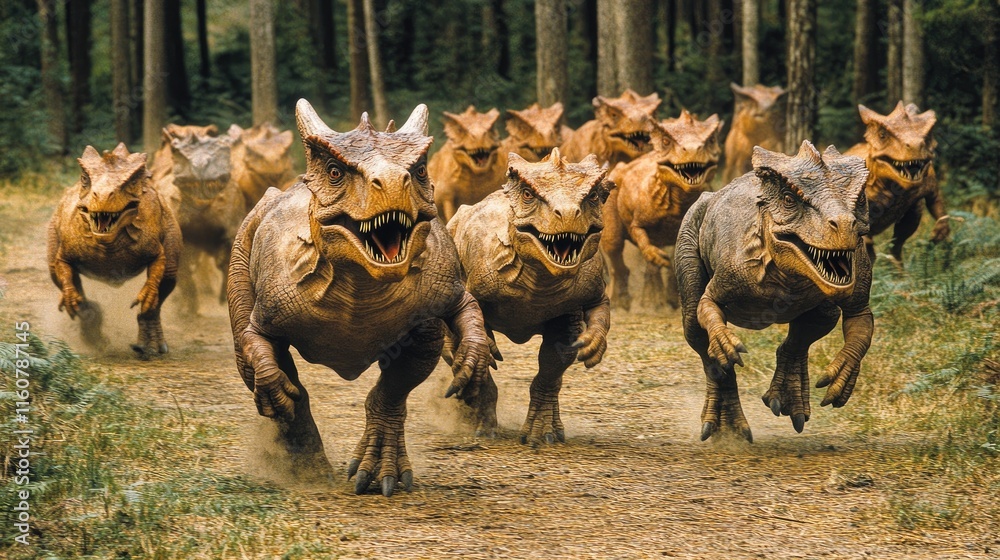 Fototapeta premium A pack of dinosaur-like creatures running through a forest.