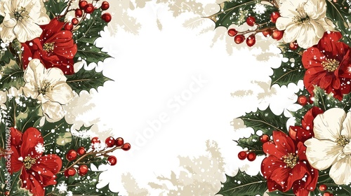Festive Christmas Border Featuring Elegant Floral Elements with a Dragon Theme, Perfect for Holiday Cards, Art Prints, and Creative Projects