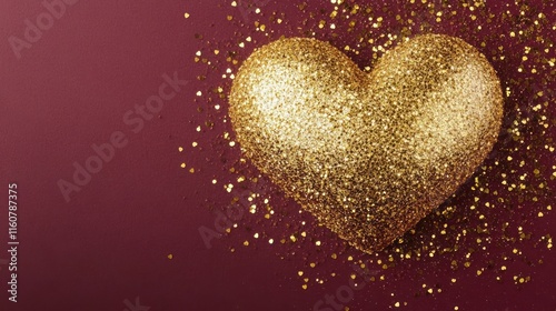 A sparkling gold glitter heart on a rich burgundy background, symbolizing love and celebration.