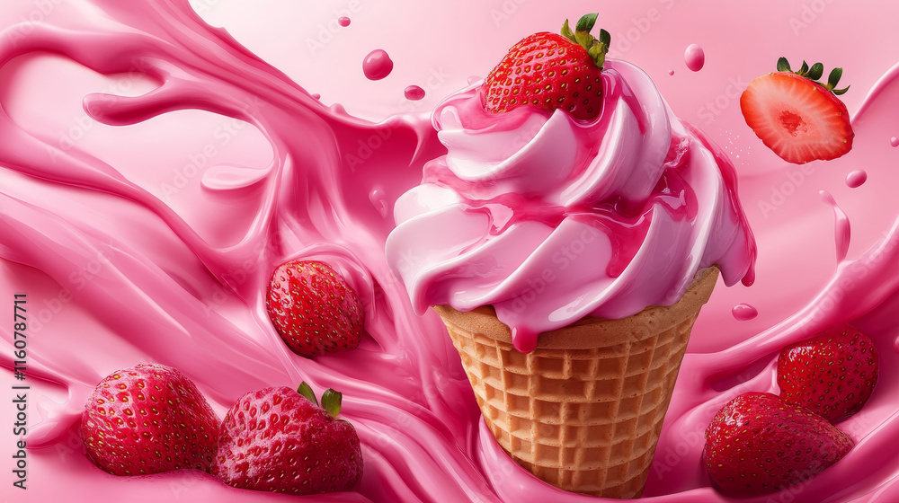 Soft strawberry ice cream cone with swirl splash. Vector ads promo poster with realistic icecream in waffle cup with berries and pink splashing sauce. Sweet creamy dessert, dairy frozen summer dessert Soft strawberry ice cream cone with swirl splash. Vector ads promo poster with realistic icecream in waffle cup with berries and pink splashing sauce. Sweet creamy dessert, dairy frozen summer dessert