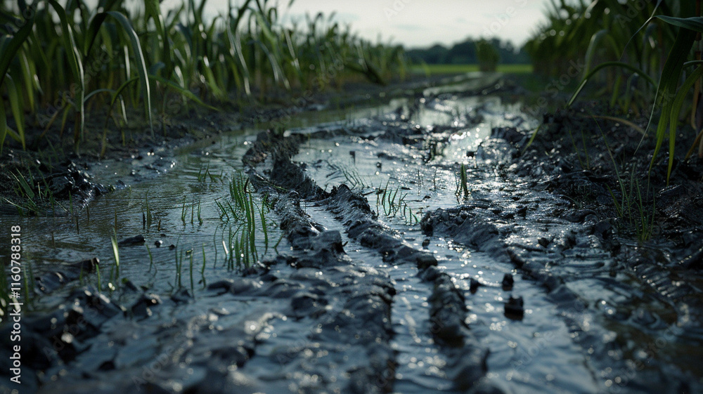 Fototapeta premium Excess Water Saturating Agricultural Field: An image showing a field with waterlogged soil due to excessive irrigation, emphasizing the importance of water management in farming.