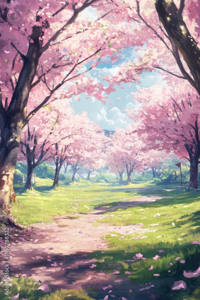 Beautiful Park with Cherry Blossom Trees in Full Bloom, perfect for spring or garden themed designs Beautiful Park with Cherry Blossom Trees in Full Bloom, perfect for spring or garden themed designs