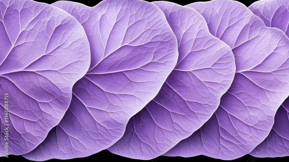 Obraz premium Vibrant purple leaves arranged in a neat row on a dark background.