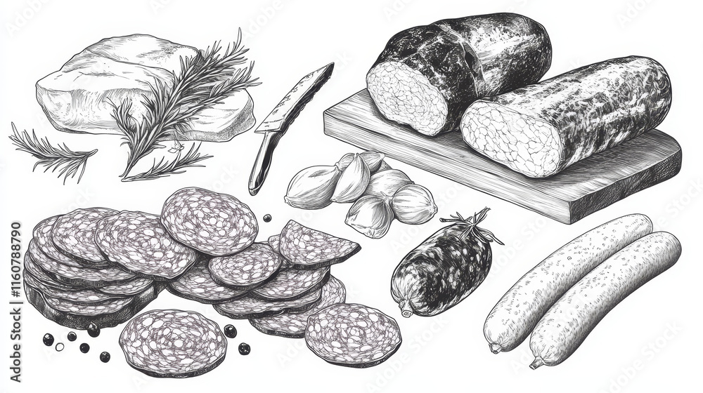 Sausages and meat products vector sketch set. Sliced salami, chorizo and pepperoni, bacon piece, hamon and mortadella, bratwurst or frankfurter sausages. Meat market, butchery, butcher shop products Sausages and meat products vector sketch set. Sliced salami, chorizo and pepperoni, bacon piece, hamon and mortadella, bratwurst or frankfurter sausages. Meat market, butchery, butcher shop products