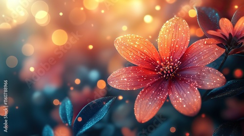 Colorful flower petals and plants represent growth and creativity in this artistic wallpaper design with a lens flare effect