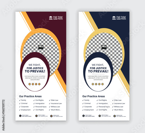 Law firm service DL flyer, law agency  advertising rack card, and law consulting leaflet, handbill design templates with two color variations
