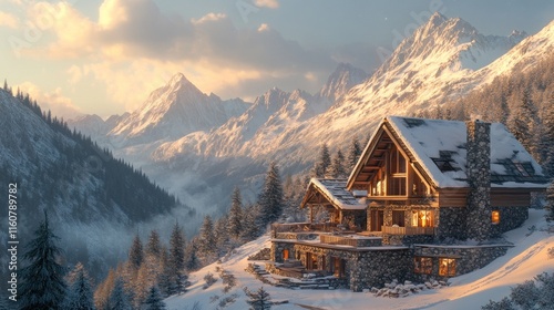 Cozy log cabin nestled in snowy mountain valley at sunset.
