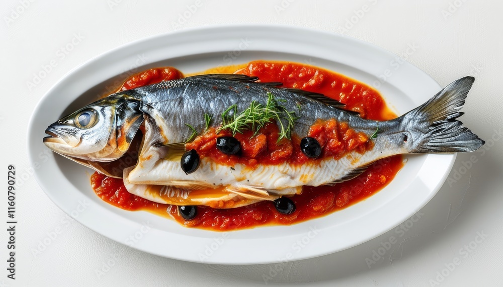 Fresh Whole Fish with Tomato Sauce and Olives on Elegant Plate Fresh Whole Fish with Tomato Sauce and Olives on Elegant Plate