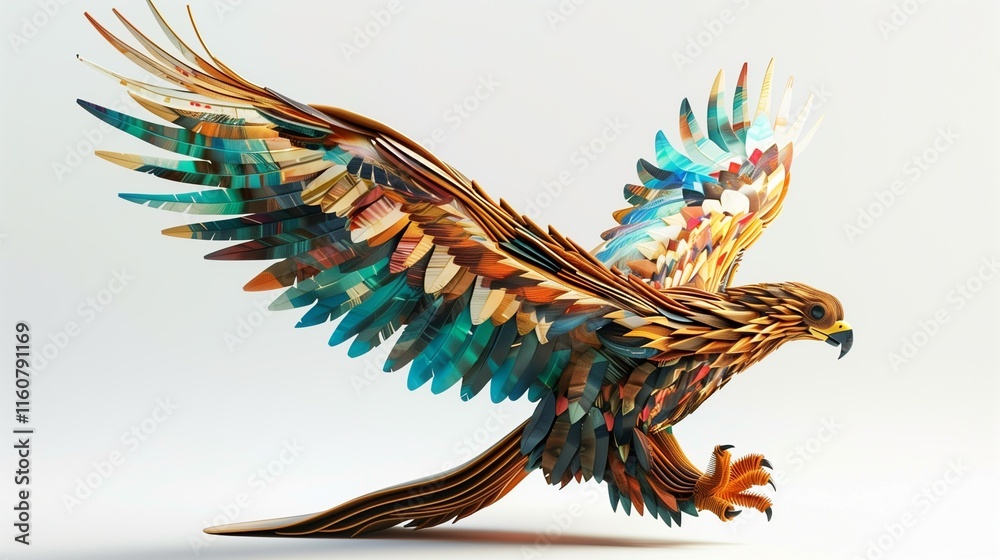 Obraz premium A majestic wooden eagle sculpture with colorful feathers, isolated on a smooth white surface.