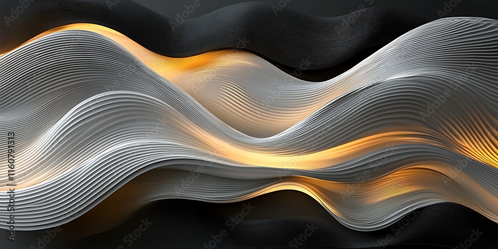 Naklejka premium Abstract grey and gold wave pattern, flowing lines, elegant background.