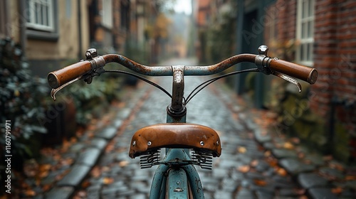 Vintage Bicycle in Cobblestone Alley: A Nostalgic Autumn Scene photo