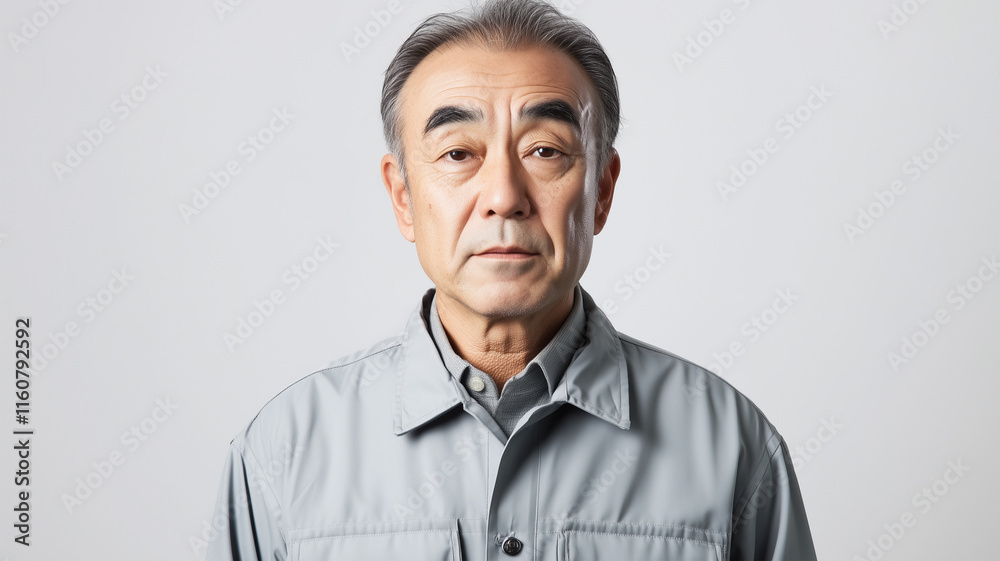 Obraz premium 白背景で撮影された作業服姿の真剣な表情の40代日本人男性