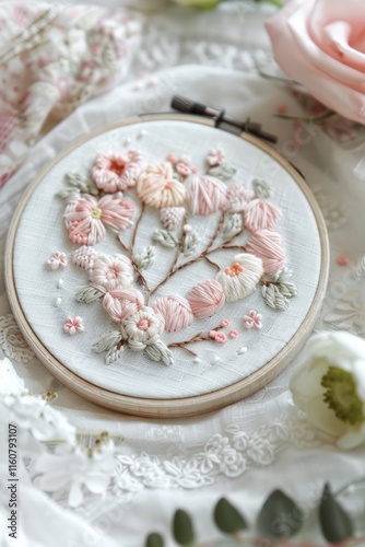 Cute Pastel Pink Heart Embroidery with Flowers and Leaves on White Fabric in an Embroidered Hoop - Cute Nursery Decor Idea photo