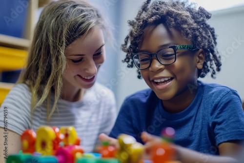 A child with ADHD working with a therapist during a cognitive-behavioral therapy session. photo