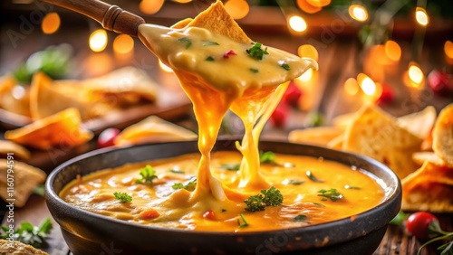 Spicy Queso Dip Recipe: Action Shot of Melted Cheese Pulling, Close Up Food Photography photo