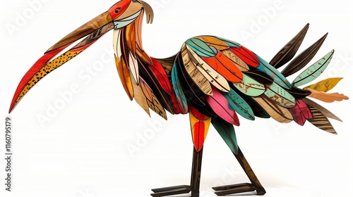 A vibrant wooden stork with multicolored feather accents, isolated in crisp clarity. photo