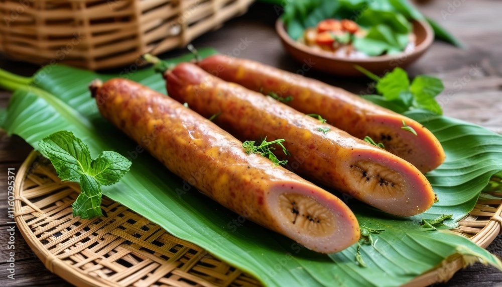 Northern Thai Style Sausage on Green Leaves with Herbs and Spices in Presentation Northern Thai Style Sausage on Green Leaves with Herbs and Spices in Presentation