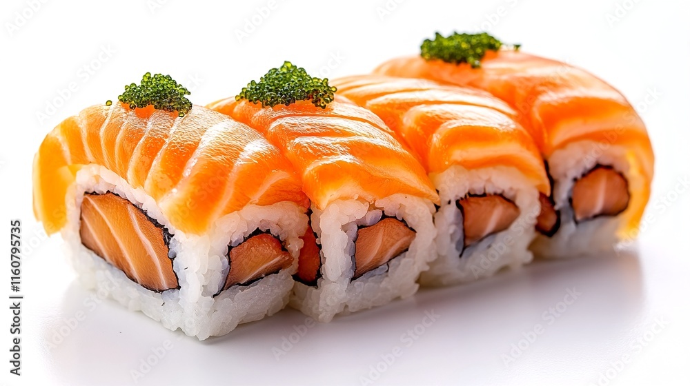 Sushi with Salmon and Green Seaweed on Top. Sushi with Salmon and Green Seaweed on Top.