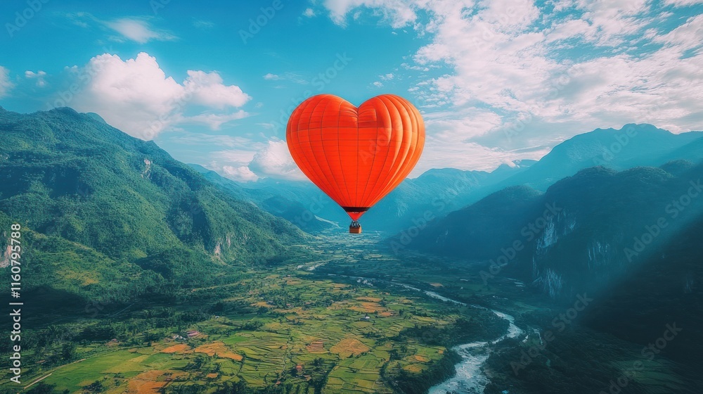 Fototapeta premium A vibrant hot air balloon shaped like a heart floats over a lush valley, showcasing the beauty of nature and leisure travel.