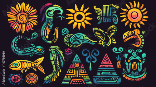 Ancient mayan and aztec totems or religious signs with colorful symbols of sun, bird, snake, turtle, fish, lizard, pyramid and warrior. For tattoo or t-shirt design photo