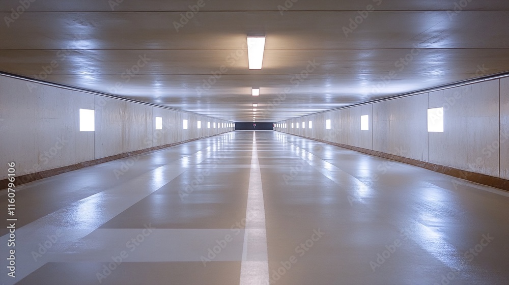 long tunnel with white walls and ceiling, featuring fluorescent lights and small windows. long tunnel with white walls and ceiling, featuring fluorescent lights and small windows.