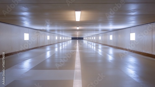 long tunnel with white walls and ceiling, featuring fluorescent lights and small windows.