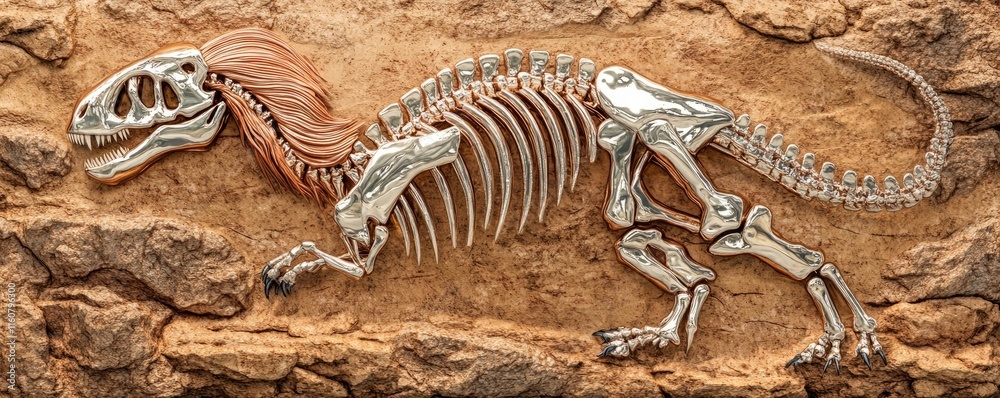 Fototapeta premium A detailed dinosaur skeleton fossil displayed on a textured stone background.