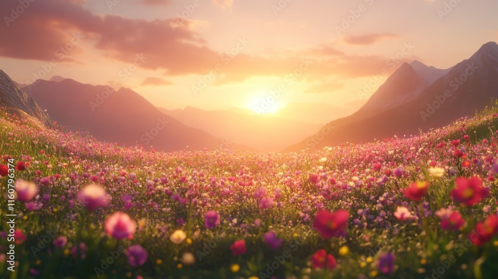 A vibrant landscape filled with colorful flowers under a glowing sunset, surrounded by majestic mountains. A vibrant landscape filled with colorful flowers under a glowing sunset, surrounded by majestic mountains.