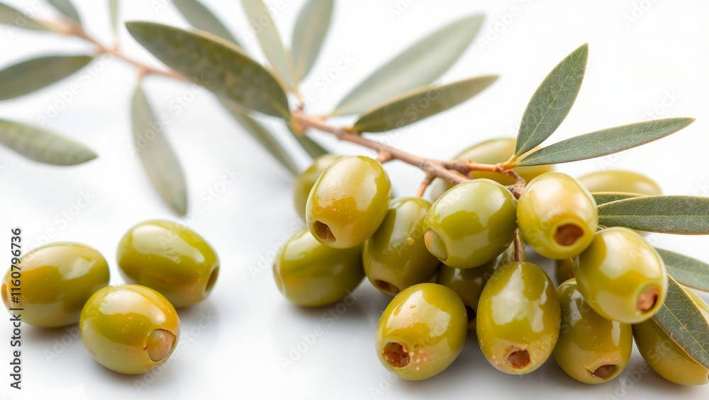 Green olives, olive branch, fresh produce, glossy surface, macro photography, vibrant colors, culinary ingredients, Mediterranean cuisine, healthy fats, gourmet food, olive oil production, appetizer, Green olives, olive branch, fresh produce, glossy surface, macro photography, vibrant colors, culinary ingredients, Mediterranean cuisine, healthy fats, gourmet food, olive oil production, appetizer,