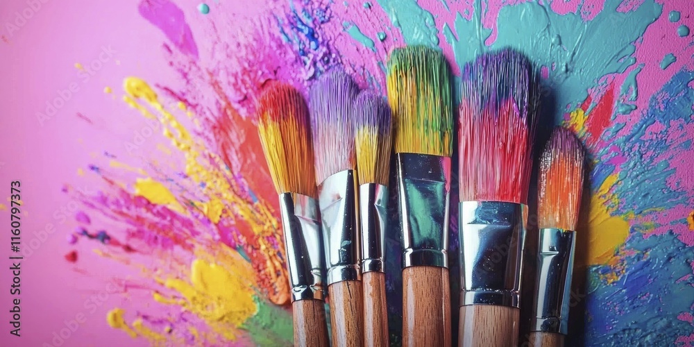 Obraz premium Various paint brushes in a colorful bucket on a wooden tablesetBackground.