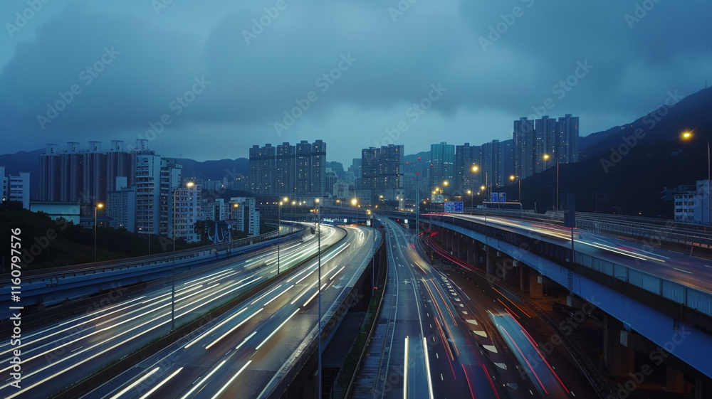 Fototapeta premium Illuminated trails of car lights stretch across a highway in a nighttime long-exposure, capturing the relentless pace of urban transportation and freight movement.