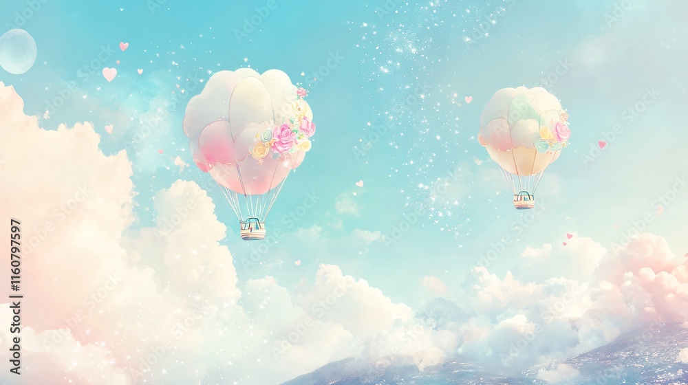 Obraz premium watercolor hot air balloons fly through a heart-shaped cloud in a vibrant summer sky, symbolizing love and celebration