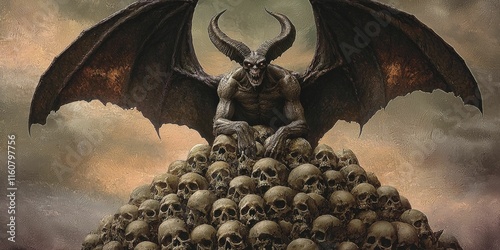 Demon Overseeing Pile of Skulls in Haunting Scene of Darkness and Death photo