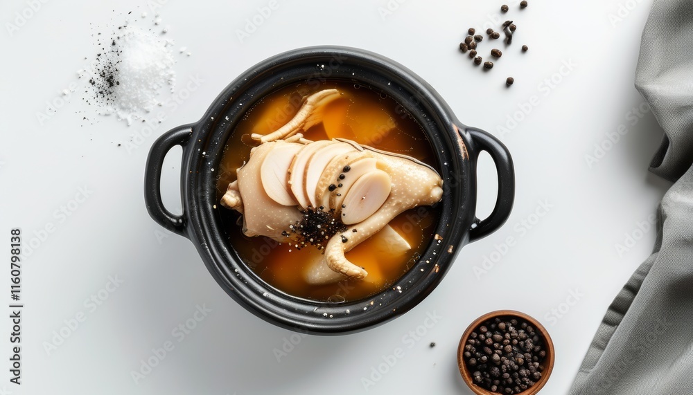 Fototapeta premium Traditional Korean Samgyetang with Ginseng and Chicken in Ceramic Pot on White Background