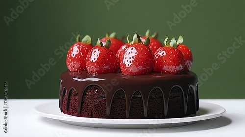 A chocolate cake with dark brown icing and topped with strawberries. photo