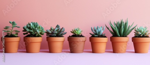 Wallpaper Mural Small, colorful succulents in tiny mud pottery planters, arranged in a row against a pastel wall. Torontodigital.ca