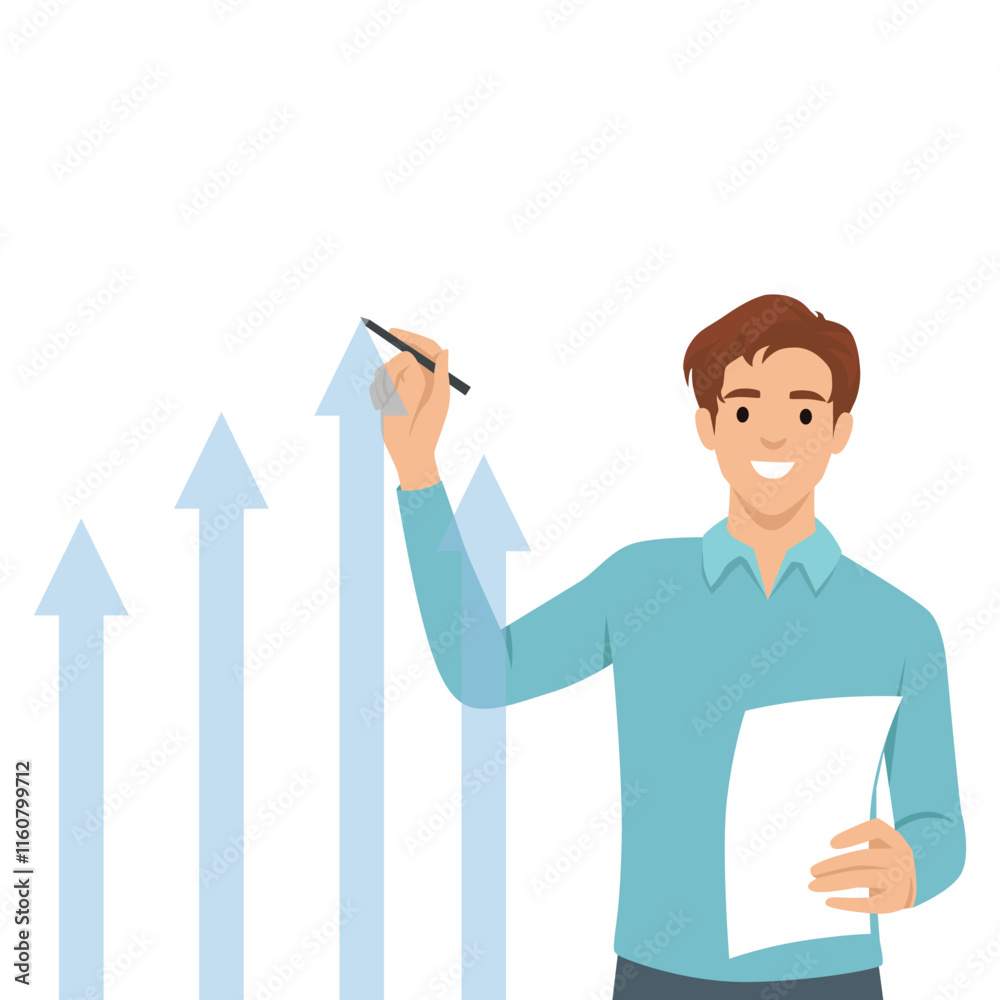 Businessman draws graph of growth. Flat vector illustration isolated on white background Businessman draws graph of growth. Flat vector illustration isolated on white background