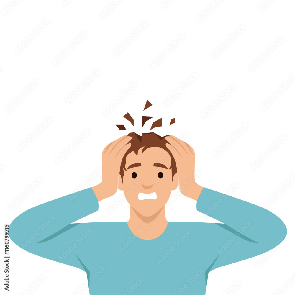 Young man standing touching head feeling pain broken head to pieces. Flat vector illustration isolated on white background Young man standing touching head feeling pain broken head to pieces. Flat vector illustration isolated on white background