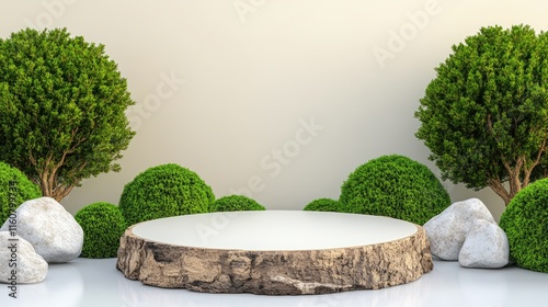 Medium-sized natural podium features moss and wood, providing an elegant setting for product display in a minimalistic style photo