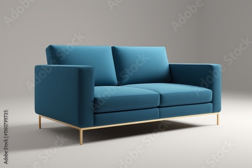 arafed blue couch with gold legs and a blue cushion photo