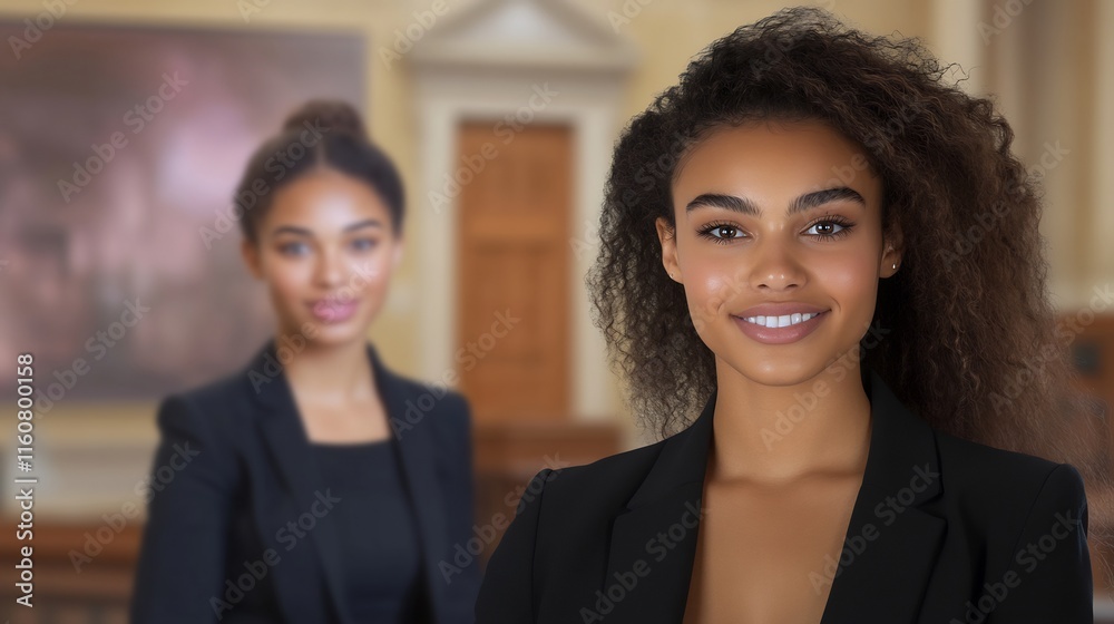 Obraz premium Confidently Smiling Women in Elegant Black Suits, Close-Up Photo, Professional Setting. AI Generated