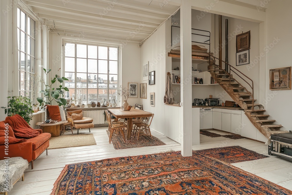 Fototapeta premium Open-plan loft with white walls, wood floors, plants, and comfy seating for a serene vibe