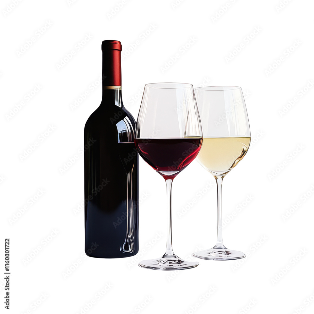 Elegant Display of a Red Wine Bottle Alongside Two Glimmering Glasses of Red and White Wine, Perfect for Any Celebration or Fine Dining Experience Elegant Display of a Red Wine Bottle Alongside Two Glimmering Glasses of Red and White Wine, Perfect for Any Celebration or Fine Dining Experience
